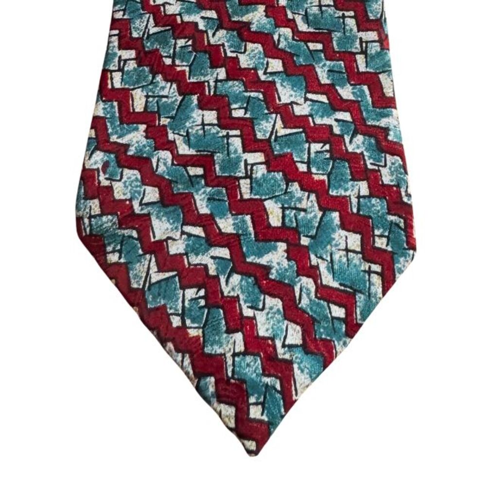 L'Uomo Italia Silk Tie Vintage 90s Classic Teal Burgundy Chevron New Wave